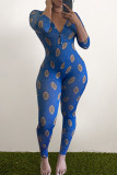 Color blue Fashion Sexy adult Ma'am O Neck Print Character Pattern Plus Size