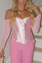Pink One word collar Long Sleeve Patchwork Solid backless Tops