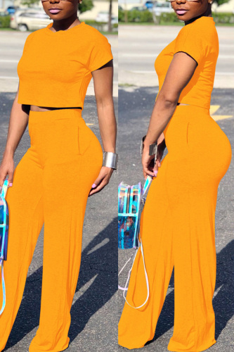 Yellow Milk Silk Fashion adult Europe and America Ma'am Solid Two Piece Suits Loose Short Sleeve Two Pieces