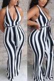 Black Fashion street Striped Backless Sleeveless V Neck Jumpsuits