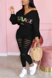 Black Casual Letter Print Hole Straight Long Sleeve Two Pieces