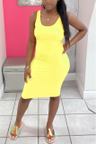 Yellow Fashion Sexy adult Ma'am Tank Sleeveless O neck A-Line Knee-Length Solid Dresses