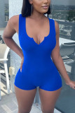 Blue Fashion Sexy Solid Sleeveless V Neck Rompers