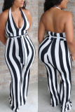 Black Fashion street Striped Backless Sleeveless V Neck Jumpsuits