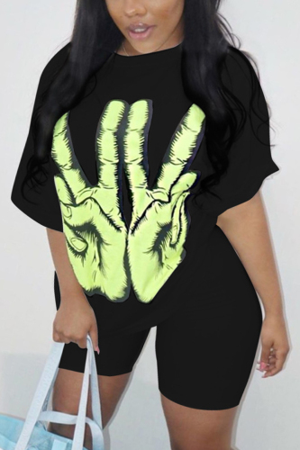 Black Fashion Casual adult Ma'am Print Two Piece Suits pencil Half Sleeve Two Pieces