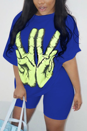 Blue Fashion Casual adult Ma'am Print Two Piece Suits pencil Half Sleeve Two Pieces