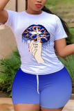 Blue venetian Fashion Casual adult Ma'am Print Gradient Two Piece Suits pencil Short Sleeve Two Pieces