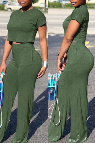 Green Milk Silk Fashion adult Europe and America Ma'am Solid Two Piece Suits Loose Short Sleeve Two Pieces