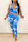 Blue Fashion Sexy Sleeveless Zipper Collar Off The Shoulder Short Print Tie Dye Two Pieces
