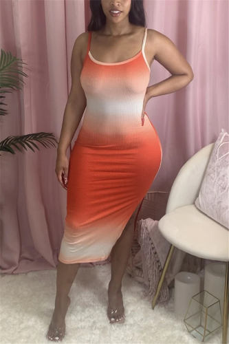 Orange Fashion Sexy adult Ma'am Spaghetti Strap Sleeveless Slip Step Skirt Mid-Calf Ombre backless Dresses