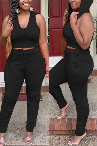 Black Fashion Sexy adult Ma'am Solid Two Piece Suits pencil Sleeveless Two Pieces