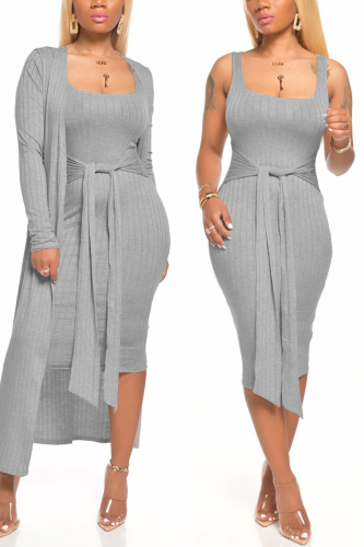 Grey Milk Silk Sexy Patchwork Solid Bandage pencil Long Sleeve Two Pieces