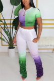 Purple and green Casual Gradient Regular Short Sleeve Two Pieces