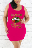 Rose Red Fashion Sexy O Neck Sleeveless Tank Letter Print Lips Printed Printed Plus Size Dress