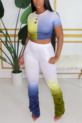 Yellow and blue Casual Gradient Regular Short Sleeve Two Pieces