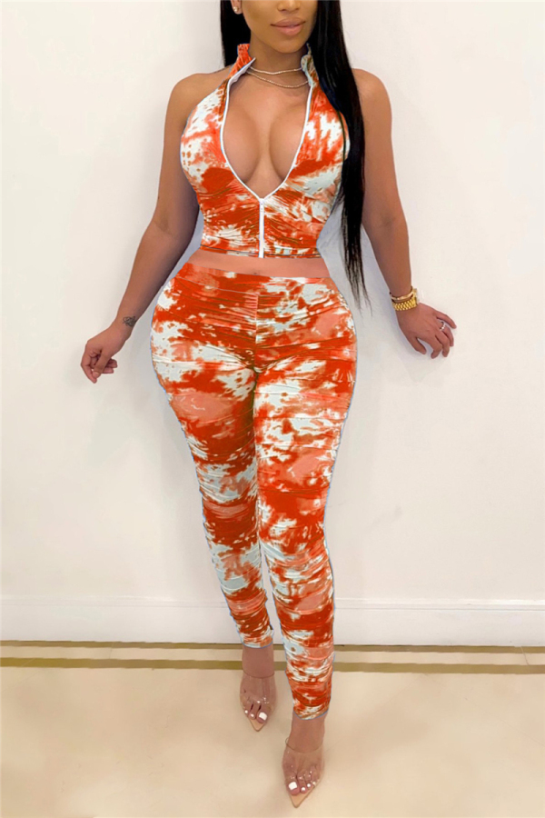 Orange Fashion Sexy adult Ma'am Print Tie Dye Zippered Two Piece Suits pencil Sleeveless Two Pieces
