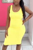 Yellow Sexy Tank Sleeveless O Neck Vest Dress Knee Length Solid Dresses