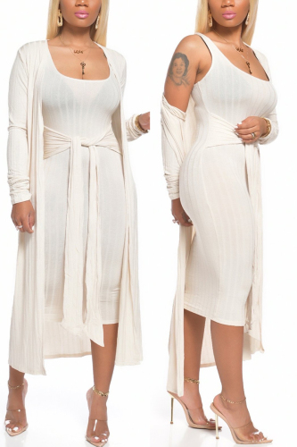 White Milk Silk Sexy Patchwork Solid Bandage pencil Long Sleeve Two Pieces