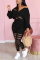 Black venetian Fashion Casual adult Ma'am Solid Burn-out Two Piece Suits pencil Long Sleeve Two Pieces