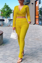 Yellow Fashion Sexy Long Sleeve V Neck Regular Sleeve Short Solid Two Pieces