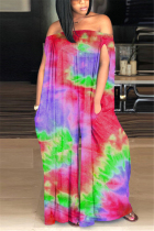 Red Fashion street Print Tie-dyed Sleeveless one word collar Jumpsuits