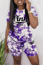 Purple Fashion Casual Short Sleeve O Neck Regular Letter Print Tie Dye Two Pieces