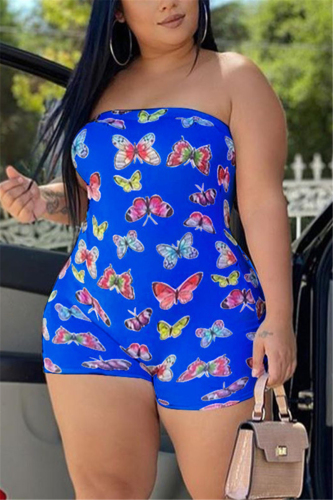 Blue Sexy Print Chemical fiber blend Sleeveless Wrapped Rompers