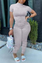 Grey Fashion Casual Solid Draped Short Sleeve O Neck Jumpsuits