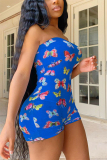 Blue Sexy Print Chemical fiber blend Sleeveless Wrapped Rompers