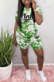 Green Fashion Casual Short Sleeve O Neck Regular Letter Print Tie Dye Two Pieces