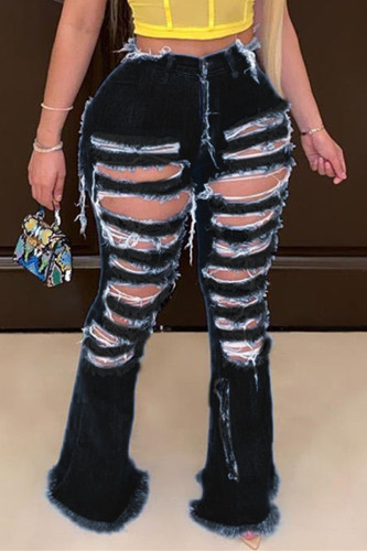 Black Fashion Casual Street Boot Cut Patchwork Trousers