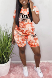 Orange Fashion Casual Short Sleeve O Neck Regular Letter Print Tie Dye Two Pieces