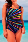 Colorful Fashion Sexy U Neck Sleeveless Spaghetti Strap Striped Print Plus Size Swimsuit