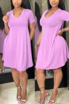 Pink Fashion Regular Sleeve Short Sleeve V Neck Short Sleeve Dress Knee Length Solid Dresses