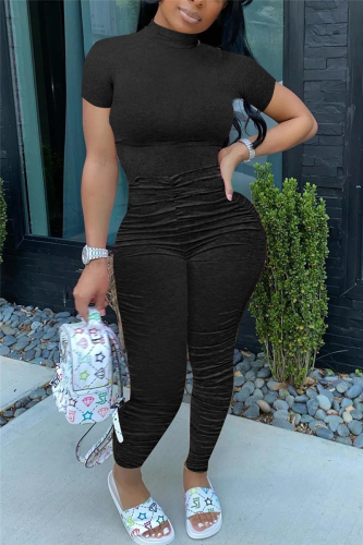 Black Fashion Casual Solid Draped Short Sleeve O Neck Jumpsuits