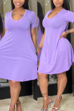 Orange Fashion Casual adult Ma'am Cap Sleeve Short Sleeves V Neck Swagger Knee-Length Solid Dresses
