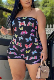Black Sexy Print Chemical fiber blend Sleeveless Wrapped Rompers