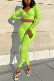 Fluorescent green Fashion Casual adult Ma'am Solid Two Piece Suits pencil Long Sleeve Two Pieces