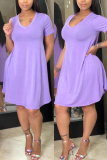 Pink Fashion Casual adult Ma'am Cap Sleeve Short Sleeves V Neck Swagger Knee-Length Solid Dresses