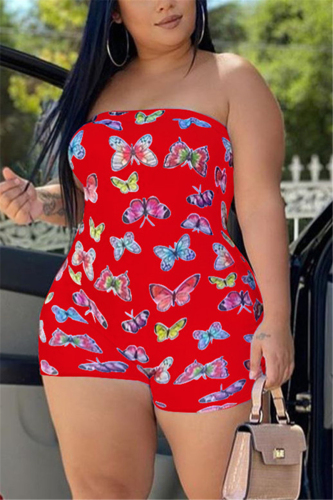 Red Sexy Print Chemical fiber blend Sleeveless Wrapped Rompers