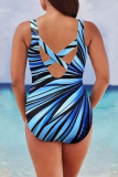 Light Blue Fashion Sexy U Neck Sleeveless Spaghetti Strap Striped Print Plus Size Swimsuit