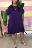 purple Casual Bubble sleeves Short Sleeves O neck Lantern skirt Knee-Length Solid Dresses