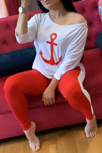 Red Casual Print pencil Long Sleeve Two Pieces