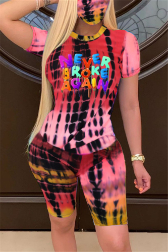 Red Fashion Casual Short Sleeve O Neck Regular Sleeve Regular Letter Print Tie Dye Two Pieces