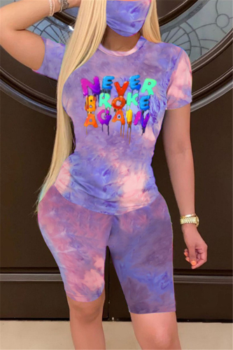 Purple Fashion Casual Short Sleeve O Neck Regular Sleeve Regular Letter Print Tie Dye Two Pieces