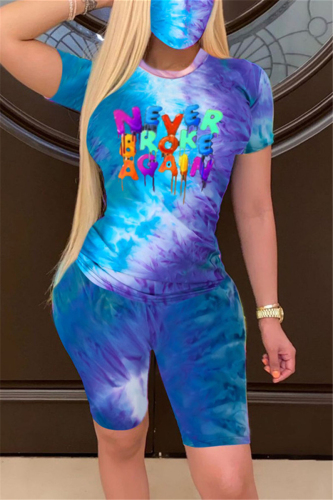 Blue Fashion Casual Short Sleeve O Neck Regular Sleeve Regular Letter Print Tie Dye Two Pieces