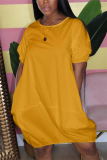 Orange Casual Bubble sleeves Short Sleeves O neck Lantern skirt Knee-Length Solid Dresses