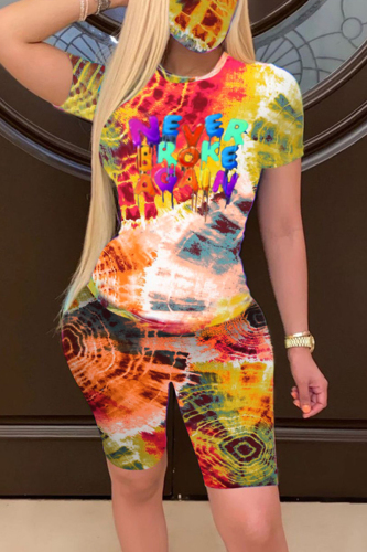 Orange Fashion Casual Short Sleeve O Neck Regular Sleeve Regular Letter Print Tie Dye Two Pieces