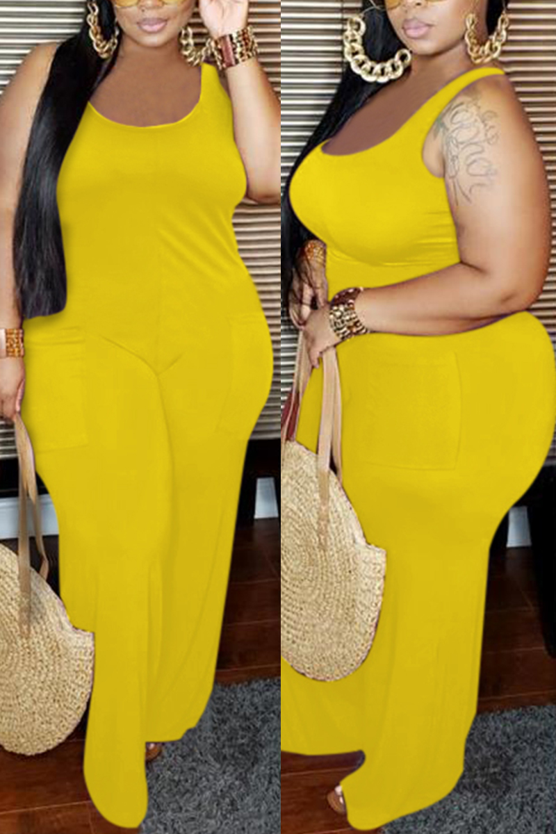 

Yellow Fashion Sexy U Neck Sleeveless Spaghetti Strap Solid Plus Size Jumpsuit