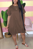 Coffee Casual Bubble sleeves Short Sleeves O neck Lantern skirt Knee-Length Solid Dresses